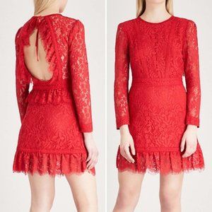 The Kooples Open-Back Floral Lace Long Sleeve Mini Dress in Red, Small